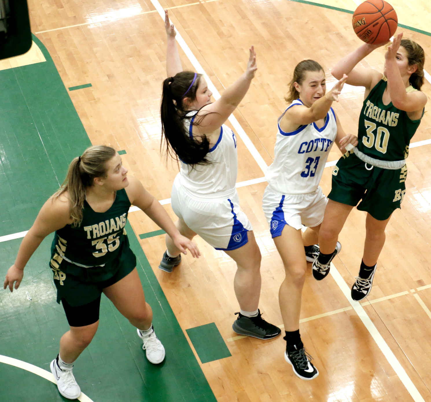 Ellie Ekern with the fadeaway jumper over Ava Killian